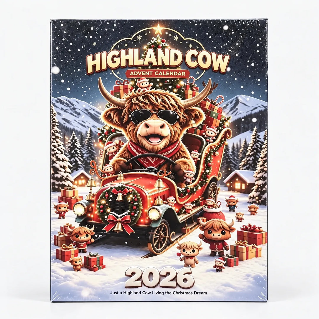 Back of a shrink-wrapped advent calendar box showing a Highland cow in sunglasses driving a red Christmas sleigh car surrounded by presents and small cows. 5