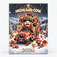 Back of a shrink-wrapped advent calendar box showing a Highland cow in sunglasses driving a red Christmas sleigh car surrounded by presents and small cows. 5