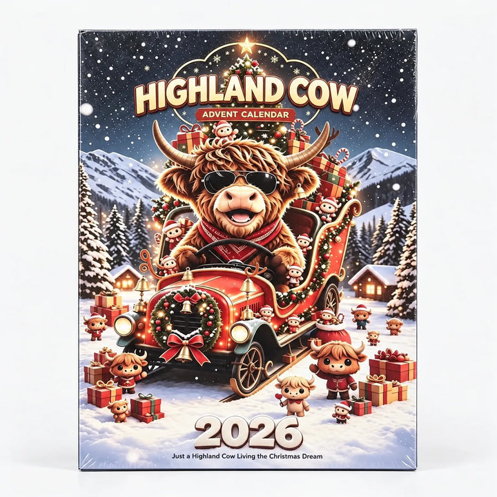 Back of a shrink-wrapped advent calendar box showing a Highland cow in sunglasses driving a red Christmas sleigh car surrounded by presents and small cows. 5
