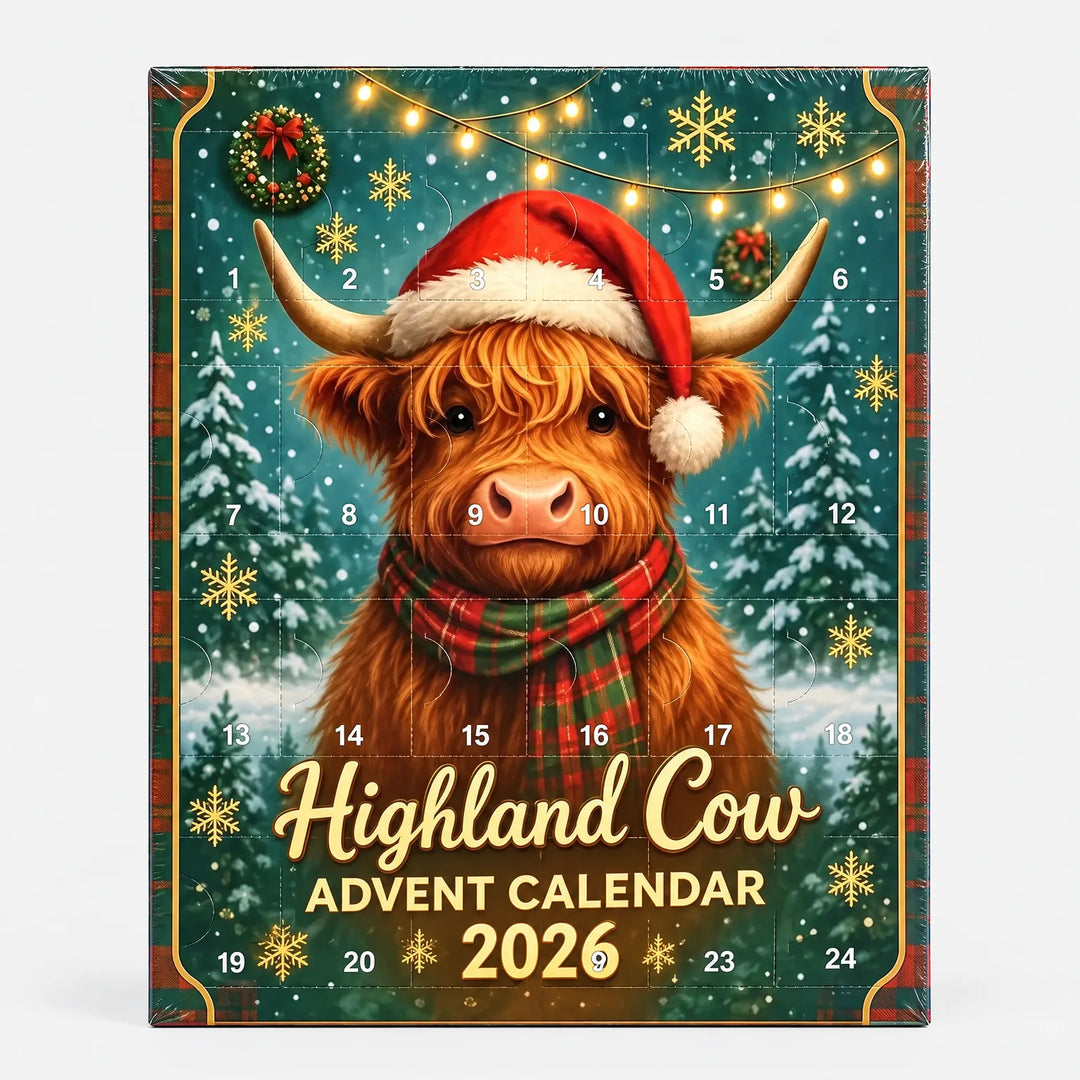 Front of a green plaid-edged advent calendar with numbered doors, showing a Highland cow in a Santa hat and tartan scarf among snowy trees. 6