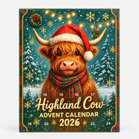 Front of a green plaid-edged advent calendar with numbered doors, showing a Highland cow in a Santa hat and tartan scarf among snowy trees. 6