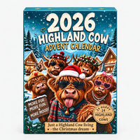Teal advent calendar box front on a plain background, showing five Highland cows in festive hats, sunglasses and knitwear in a snowy village. 7