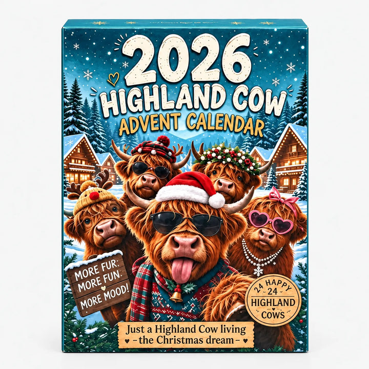 Teal advent calendar box front on a plain background, showing five Highland cows in festive hats, sunglasses and knitwear in a snowy village. 7