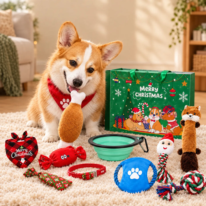 Corgi in a red paw-print bandana chewing a plush drumstick toy on a rug beside a green gift bag and festive toys. 1