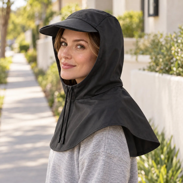 Woman in a black hooded rain cape with a peaked brim and drawstring, glancing over her shoulder on a sunny sidewalk. 1