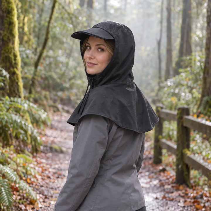 Woman in a black hooded cape with beaded raindrops, worn over a grey jacket on a damp forest trail. 3