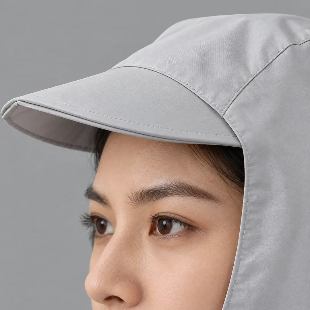Close-up of a light grey hood's stitched peaked brim and side panel, framing a woman's eye and brow against a grey background. 5