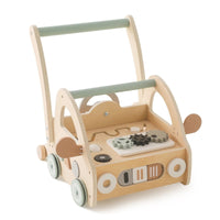 Wooden push-along walker with Montessori play components and mirrors.