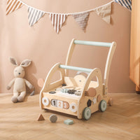 Wooden push-along walker with Montessori play components and mirrors.
