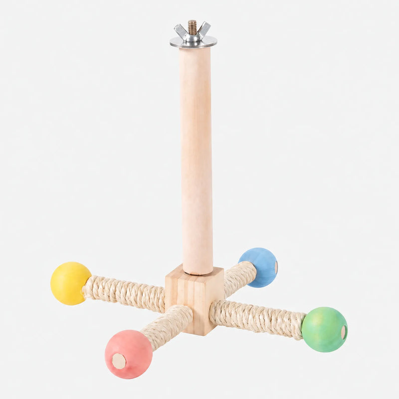 Wooden bird perch with four sisal-wrapped arms ending in yellow, blue, green and pink beads, with a wing nut fixing on top, on white. 1