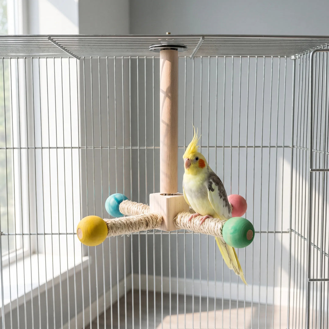Perch hung from the top of a wire cage with a yellow cockatiel standing on one sisal arm beside a sunny window. 2