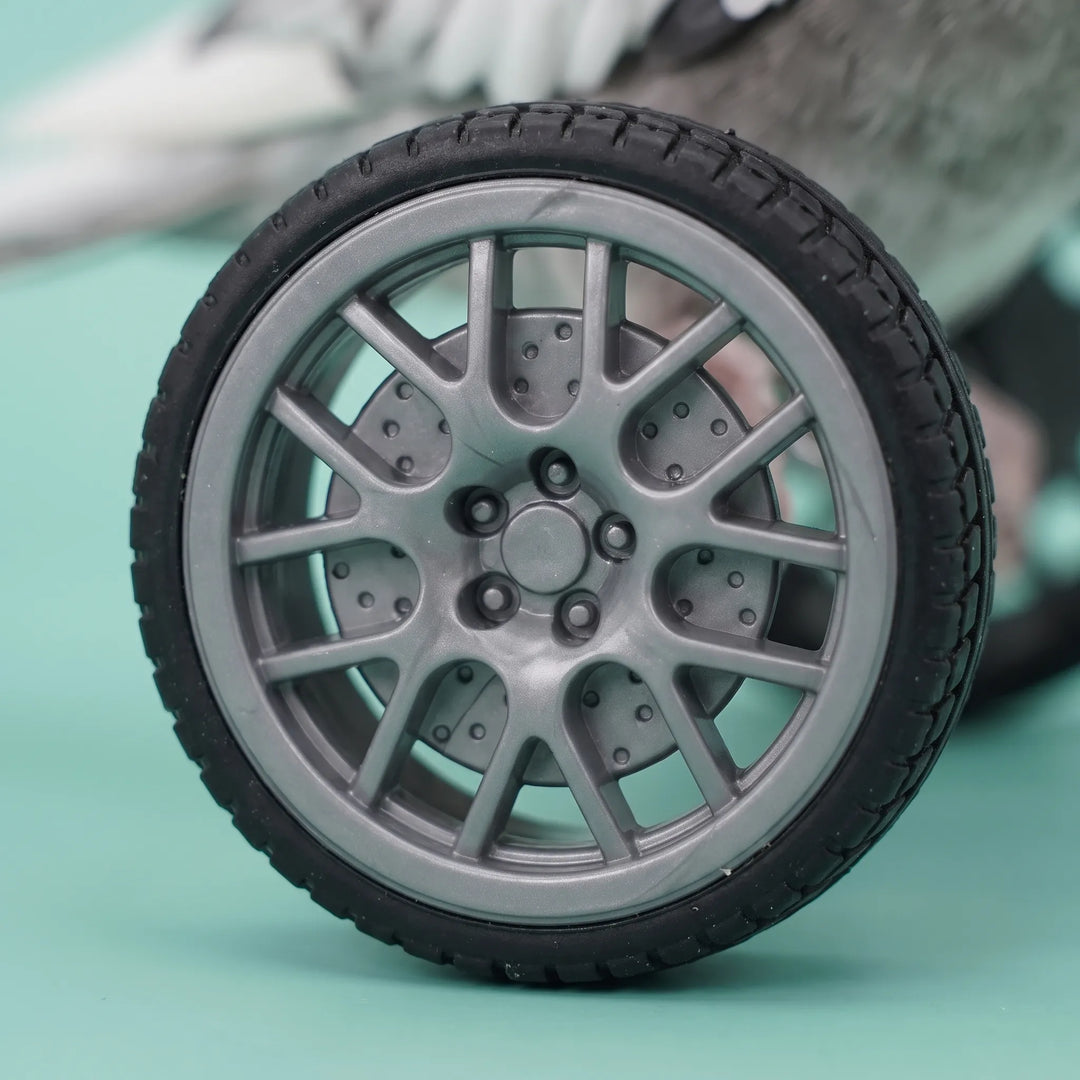 Close-up of one wheel showing its grey multi-spoke rim and black treaded tyre, with the bird blurred behind. 3
