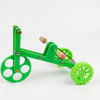 Side view of the green plastic toy tricycle on a white background, with wooden perches and a rubber drive band. 1