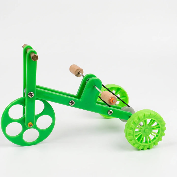 Side view of the green plastic toy tricycle on a white background, with wooden perches and a rubber drive band. 1