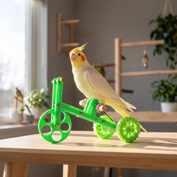 A yellow and white cockatiel perched on the green toy tricycle on a wooden table in a bright room. 2
