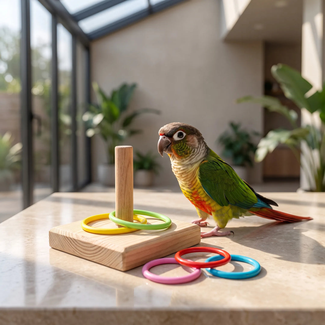 Conure looks at the peg toy on a sunlit stone surface in a bright room with plants, three rings loose in front. 3