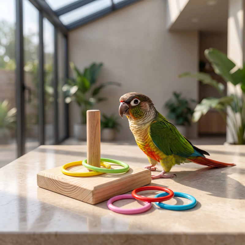 Conure looks at the peg toy on a sunlit stone surface in a bright room with plants, three rings loose in front. 3