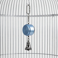 Blue metal cylinder with a silver bell below and a chain and carabiner above, hanging from the bars of a bird cage. 1