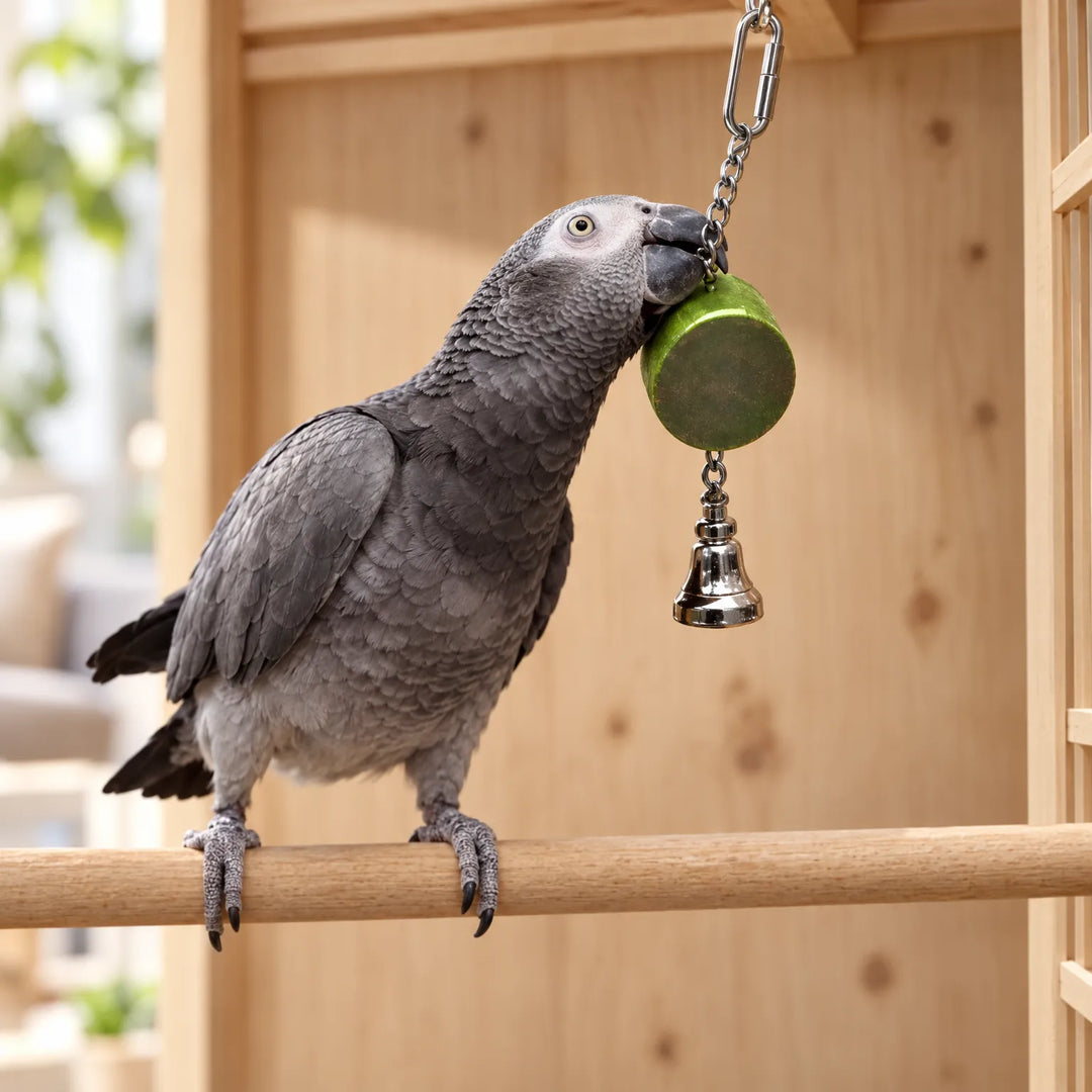 Grey parrot perched on a wooden bar, nibbling a green cylindrical toy that hangs on a chain above a small silver bell. 2
