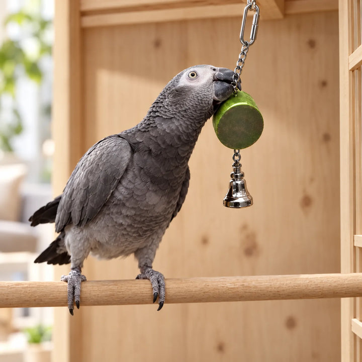 Grey parrot perched on a wooden bar, nibbling a green cylindrical toy that hangs on a chain above a small silver bell. 2