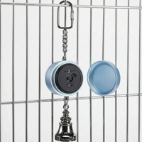 Blue version hanging from cage bars with its screw-off cap removed beside it, revealing the black panel with switch, record button and charging port. 5