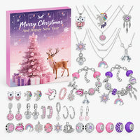 Purple-pink advent box with 24 numbered doors and a reindeer, shown with silver necklaces, charm bracelets, loose charms, beads, rings and earrings. 7