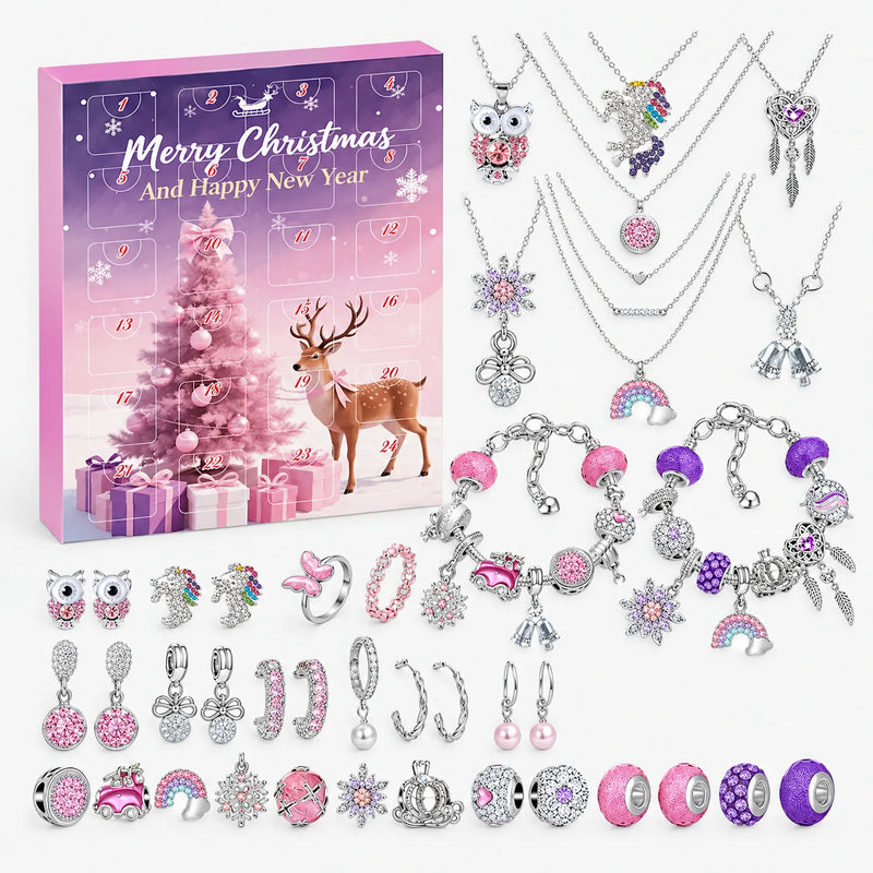 Purple-pink advent box with 24 numbered doors and a reindeer, shown with silver necklaces, charm bracelets, loose charms, beads, rings and earrings. 7