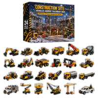 Closed calendar box with numbered doors 1 to 24 on a snowy building-site scene, above all 24 yellow construction vehicle figures laid out in rows. 2