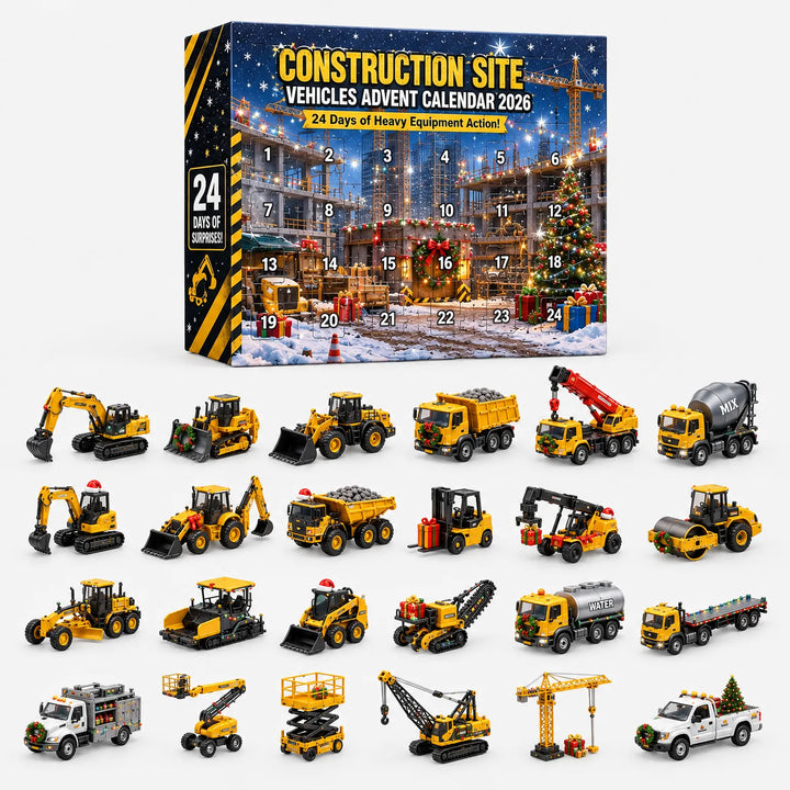 Full set view: festive box at the top and below it 24 small yellow construction vehicles, including excavators, dump trucks, cranes and rollers. 4
