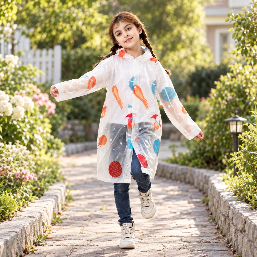 Girl with braids walking along a stone garden path in a clear raincoat printed with planets and rockets. 3
