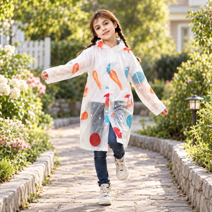 Girl with braids walking along a stone garden path in a clear raincoat printed with planets and rockets. 3