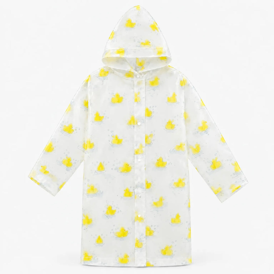 Flat lay of the clear hooded raincoat covered in yellow rubber ducks and bubbles, with snap buttons down the front. 7