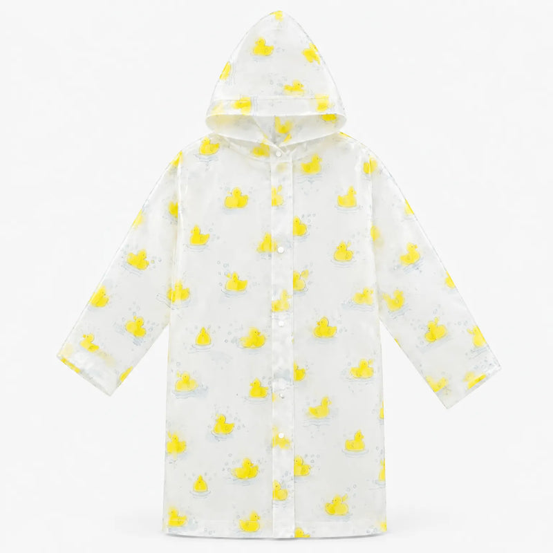 Flat lay of the clear hooded raincoat covered in yellow rubber ducks and bubbles, with snap buttons down the front. 7