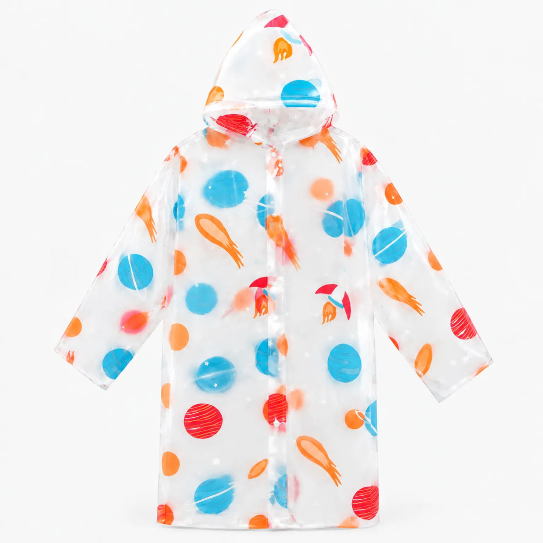 Flat lay of the clear hooded raincoat with a space print of blue and red planets, orange comets and small rockets. 8