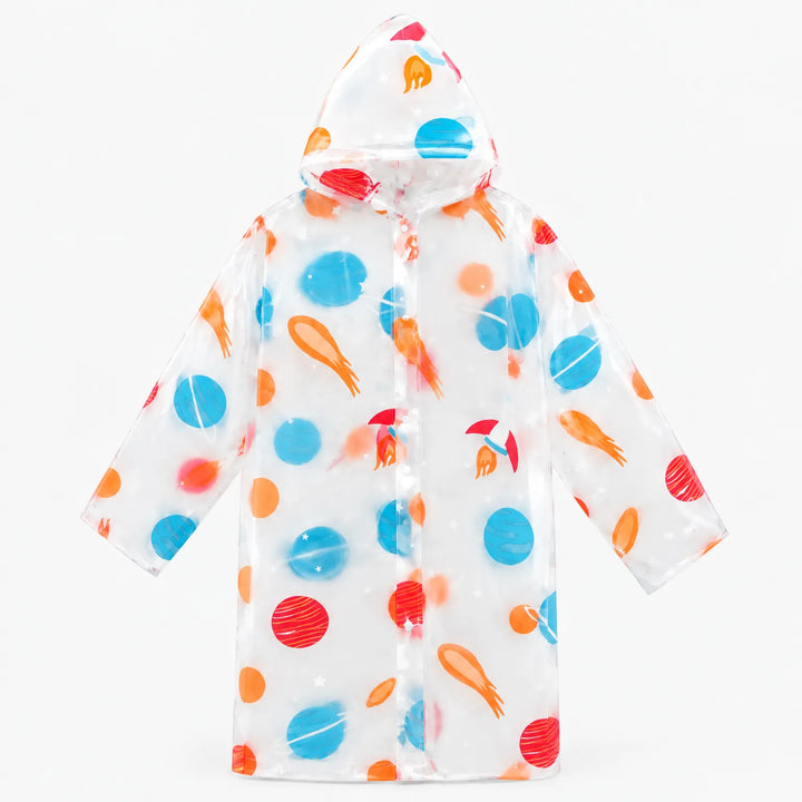 Flat lay of the clear hooded raincoat with a space print of blue and red planets, orange comets and small rockets. 8