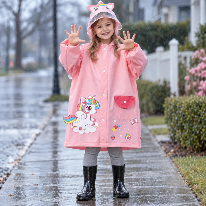 Smiling girl in a pink unicorn raincoat with clear hood visor and snap front, black rain boots, standing on a wet sidewalk. 1
