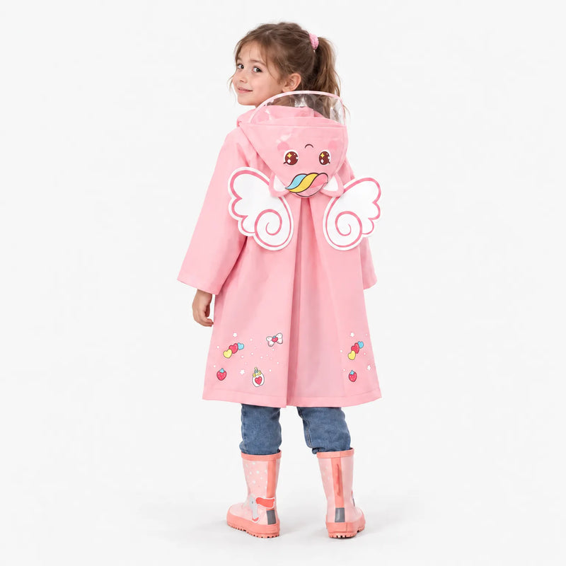 Back view of a girl in the pink raincoat showing white angel wings, a rainbow-tongue hood face and heart and strawberry prints. 4