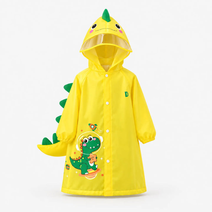 Yellow dinosaur raincoat on a plain background, showing the hood with green spike and visor, side spikes, tail and an astronaut dino print. 7