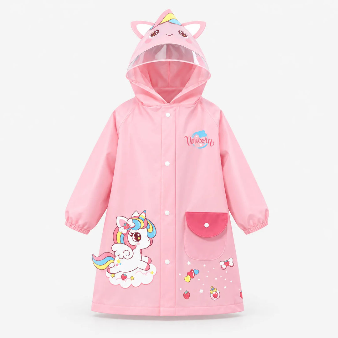 Pink unicorn raincoat laid out front on a plain background, with ear hood, clear visor, red snap pocket and winged unicorn print. 8