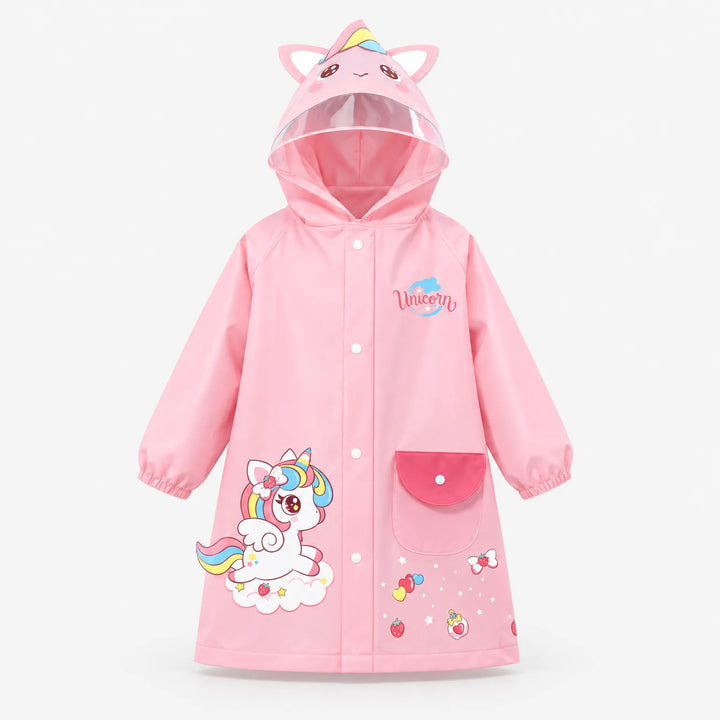 Pink unicorn raincoat laid out front on a plain background, with ear hood, clear visor, red snap pocket and winged unicorn print. 8