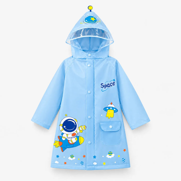 Light blue space raincoat on a plain background, with clear-brimmed hood, astronaut-on-rocket print, UFO graphic and a snap flap pocket. 9