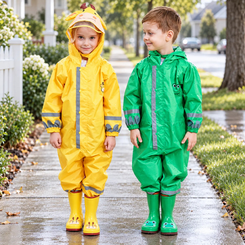Two children on a wet sidewalk wearing matching hooded rain jumpsuits and boots, one yellow with giraffe hood, one green with frog design. 1