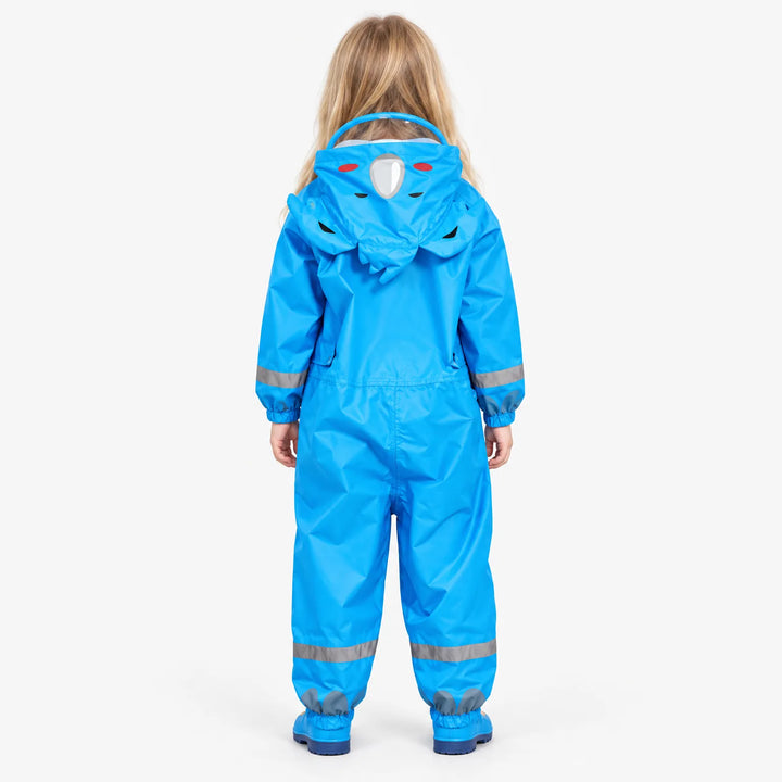 Back view of a child in the blue rain jumpsuit with an animal-face hood, reflective stripes on sleeves and legs, and blue boots. 4
