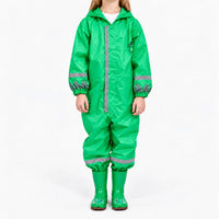 Front view of a child in the green hooded rain jumpsuit with grey reflective stripes, snap closure and frog-faced green boots. 7