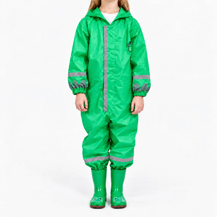 Front view of a child in the green hooded rain jumpsuit with grey reflective stripes, snap closure and frog-faced green boots. 7