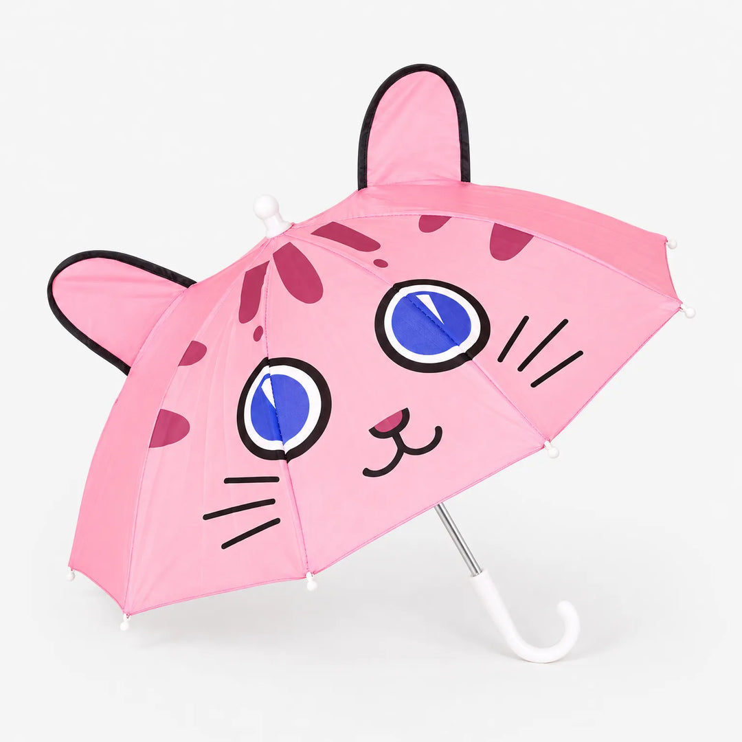 Pink umbrella with a cat face, blue eyes, whiskers and two black-edged ears, shown open on a plain white background. 2