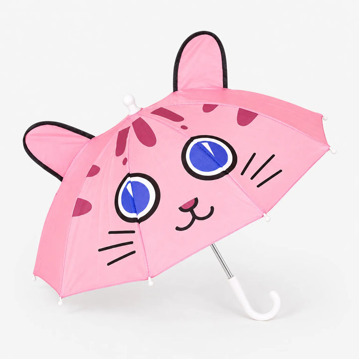 Pink umbrella with a cat face, blue eyes, whiskers and two black-edged ears, shown open on a plain white background. 2