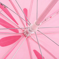 Close-up from underneath the open canopy showing the metal ribs, white plastic hub and shaft against the pink fabric. 3