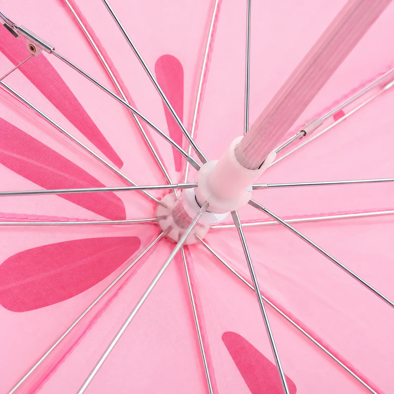 Close-up from underneath the open canopy showing the metal ribs, white plastic hub and shaft against the pink fabric. 3
