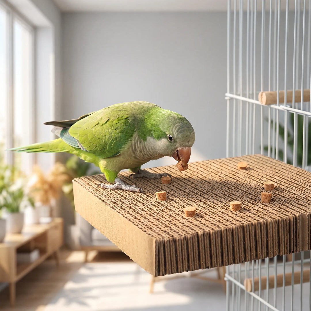 Green parakeet standing on the cardboard platform fixed to a cage, pulling out a cork stopper with its beak. 2